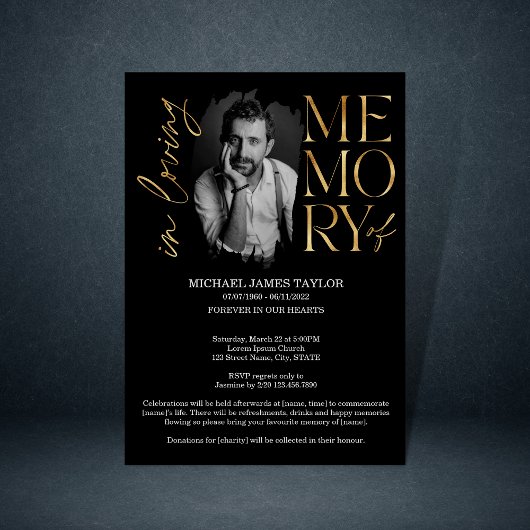 Modernes kalligrafisches Foto zur Gedächtnisbeerdi Einladung