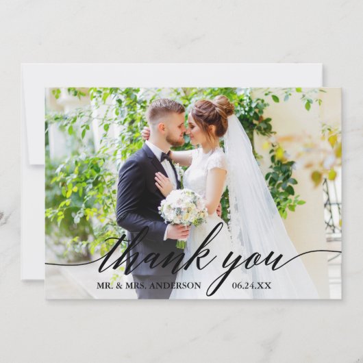 Modernes kalligrafisches Hochzeitbriefe Foto B Dankeskarte (Vorderseite)