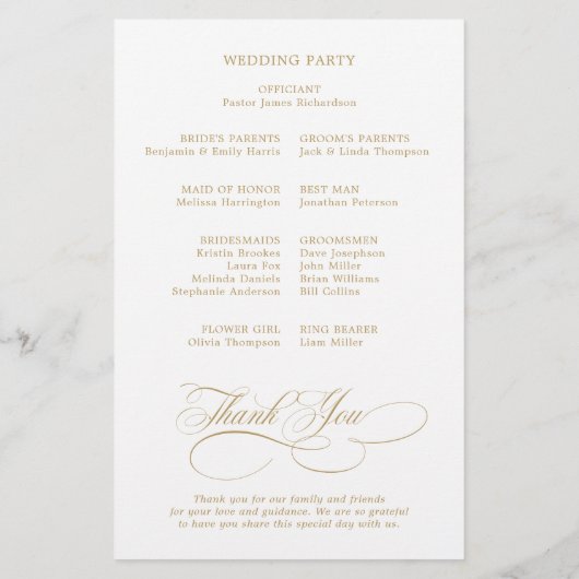 Modernes kalligrafisches Hochzeitsprogramm für Gol (Rückseite)