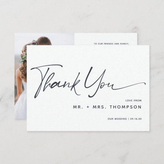 Modernes kalligrafisches Hochzeitsstichtum-Foto Dankeskarte (Vorne/Hinten)