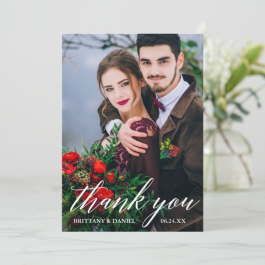 Modernes kalligrafisches Hochzeitsstichtum-Foto Dankeskarte (Stehend Vorderseite)