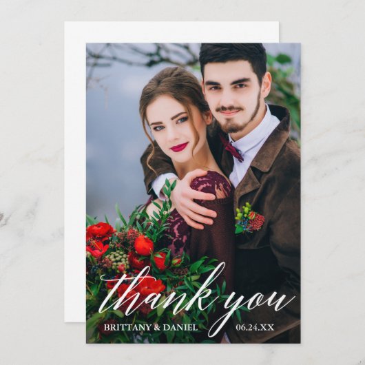 Modernes kalligrafisches Hochzeitsstichtum-Foto Dankeskarte (Vorne/Hinten)