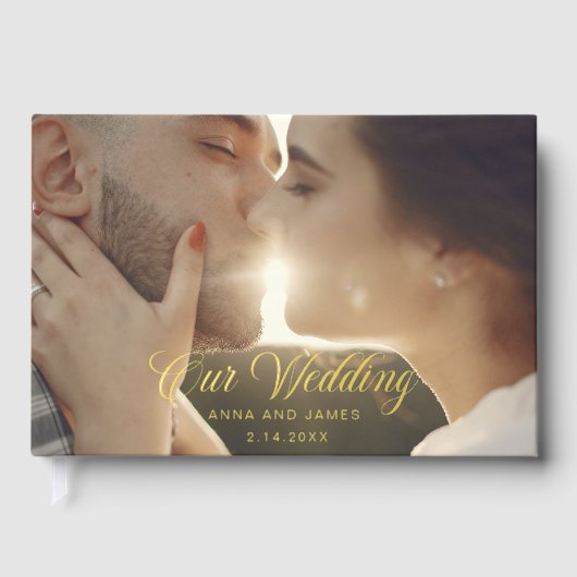 Modernes kalligrafisches Hochzeitsstichtum-Foto Gästebuch (Vorderseite)