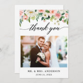 Modernes kalligrafisches Pink Floral Wedding Foto Dankeskarte (Vorne/Hinten)