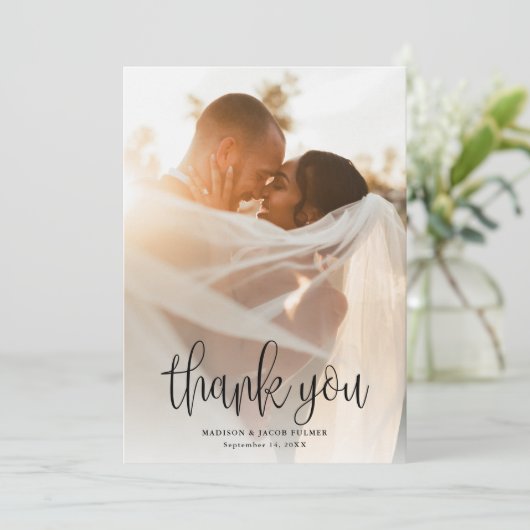 Modernes kalligrafisches Skript Hochzeitsskript-Fo Dankeskarte (Stehend Vorderseite)