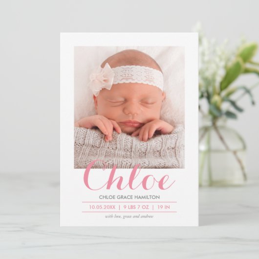 Modernes Kalligraphie Pink | Geburtsankündigung Ankündigung (Stehend Vorderseite)