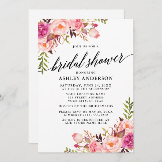 Modernes Kalligraphie Rosa Blütenblüte Brautparty Einladung (Vorne/Hinten)