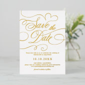 Modernes kalligraphisches Gold Save the Date Folieneinladung (Stehend vorne)