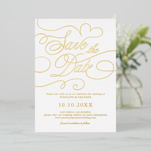 Modernes kalligraphisches Gold Save the Date Folieneinladung (Stehend vorne)