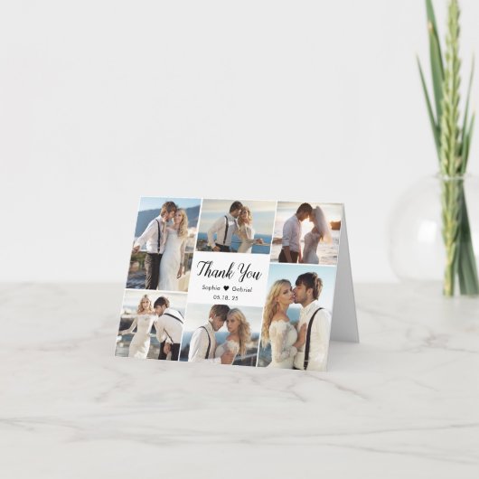 Modernes kalligraphisches Herz 6 Foto Collage Wedd Dankeskarte (Vorderseite)