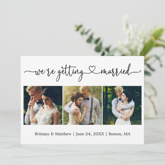 Modernes kalligraphisches Herz Erlangung von 3 Fot Save The Date (Stehend Vorderseite)