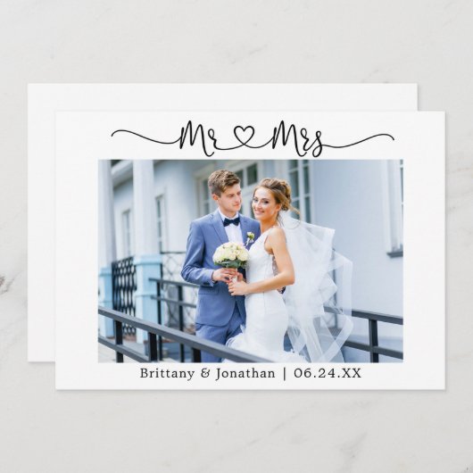 Modernes kalligraphisches Herz Mr. und Mrs. Weddin Dankeskarte (Vorne/Hinten)
