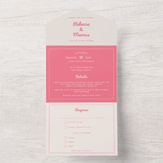 Modernes, kaltrosa Fuchsia Retro Vibes Wedding All In One Einladung (Innen Boden)