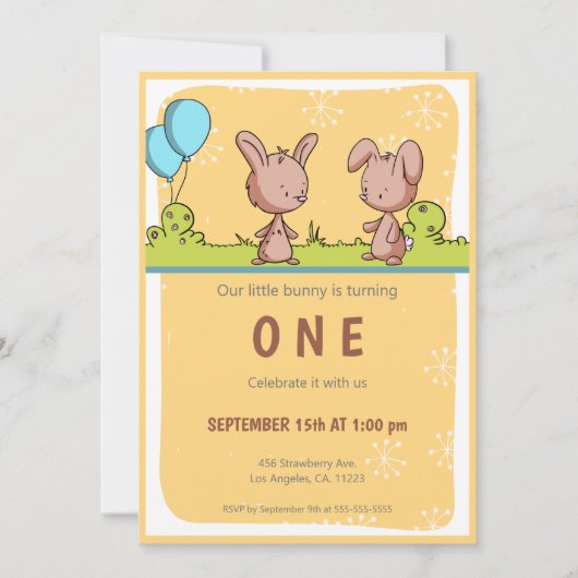 Modernes Kaninchen 1. Geburtstag Einladung (Vorderseite)