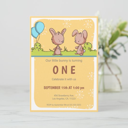 Modernes Kaninchen 1. Geburtstag Einladung (Stehend Vorderseite)