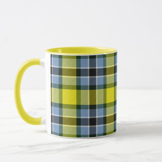 Modernes Kariertes Blaues und Gelbes Tartan-Muster Tasse (Links)