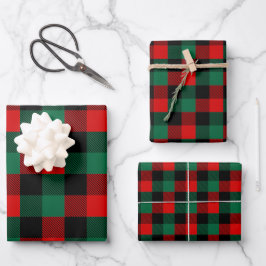 Modernes Kariertes Red Green Christmas Buffalo-Mus Geschenkpapier Set
