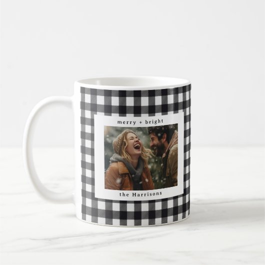 Modernes Kariertes Rustikales Monogramm Foto Weihn Kaffeetasse (Links)