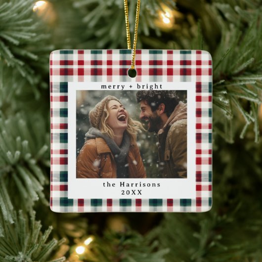Modernes Kariertes Rustikales Monogramm Foto Weihn Keramikornament (Baum)