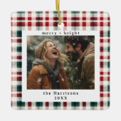 Modernes Kariertes Rustikales Monogramm Foto Weihn Keramikornament (Vorderseite)