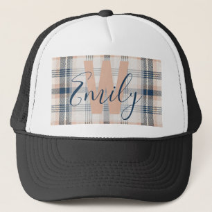 Modernes Kariertes Tartan Blue Creme Monogramm Truckerkappe