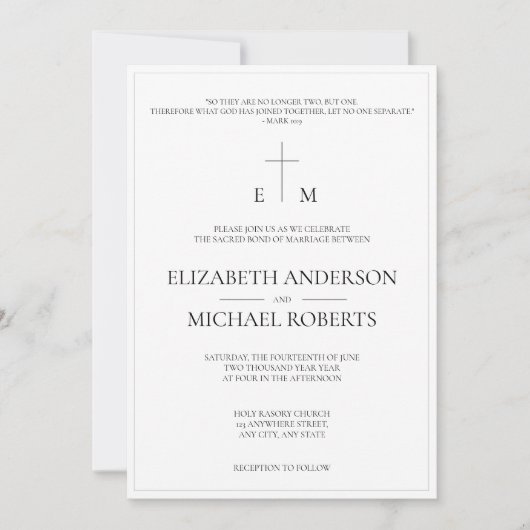 Modernes katholisches Foto B&W Cross Wedding Einladung (Vorderseite)
