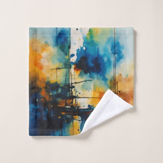 Modernes kinematisches Abstrakt |"Blue & Orange Badhandtuch Set (Waschlappen)