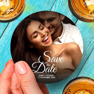 Modernes klassisches Foto Elegante Hochzeit Save t Runder Pappuntersetzer