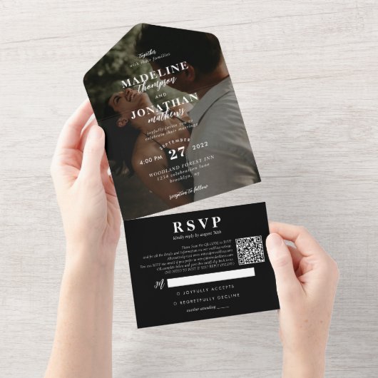 Modernes klassisches Foto Schwarz-weißer QR-Code H All In One Einladung (Abreißen)