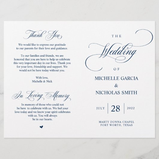 Modernes klassisches Hochzeitsprogramm für Navy, f (Vorderseite)