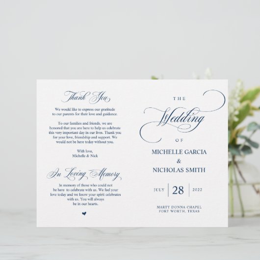 Modernes klassisches Hochzeitsprogramm für Navy, f (Stehend Vorderseite)