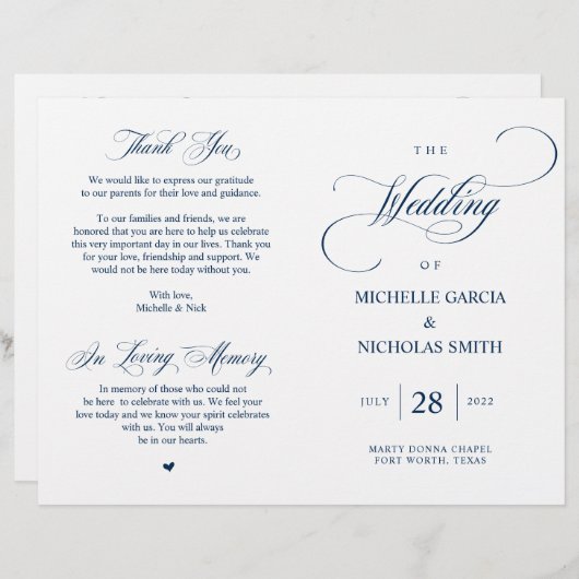 Modernes klassisches Hochzeitsprogramm für Navy, f (Vorne/Hinten)