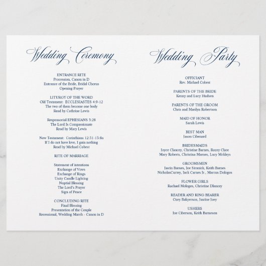 Modernes klassisches Hochzeitsprogramm für Navy, f (Rückseite)