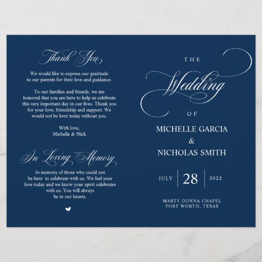 Modernes klassisches Hochzeitsprogramm für Navy, f (Vorderseite)