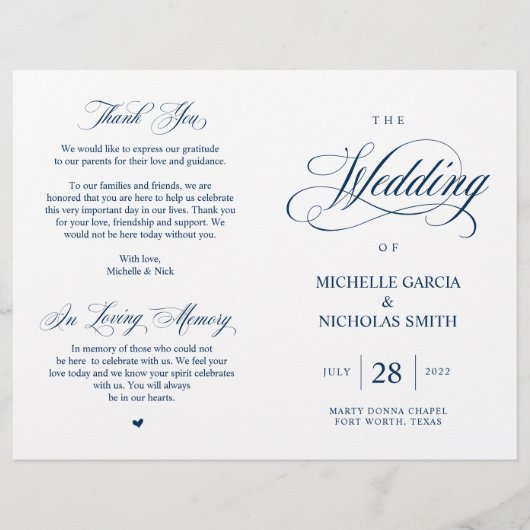 Modernes klassisches Hochzeitsprogramm für Navy, f (Vorderseite)