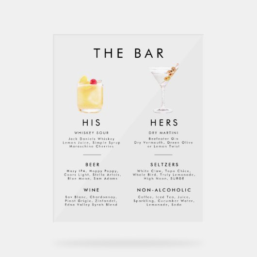 Modernes klassisches Signature Drinks Bar Menu Acrylschild (Vorderseite)