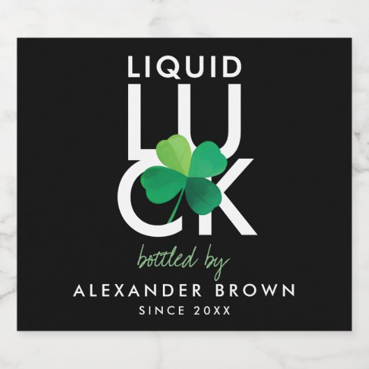 Modernes Kleeblatt Liquid Luck Schwarz-weiß Green Bierflaschenetikett (Einzelnes Label)