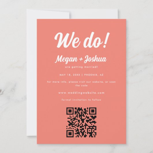Modernes Korallenrosa QR Code & Foto Hochzeit Save The Date (Vorderseite)