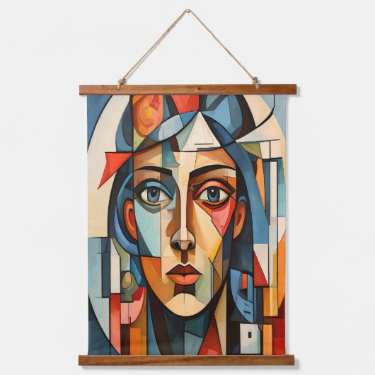 Modernes kubistisches Portrait Geometric Wall Art  Wandteppich Mit Holzrahmen (Vorderseite)
