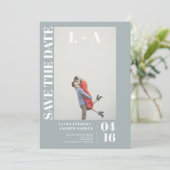 Modernes, kühn staubblaues erstes Foto Save the Da Save The Date (Stehend Vorderseite)