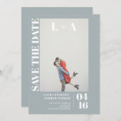 Modernes, kühn staubblaues erstes Foto Save the Da Save The Date (Vorne/Hinten)