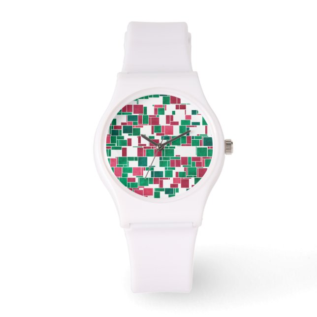 Modernes, kühne Rot und Grün Weihnachten Mondrian Armbanduhr (Vorderseite)