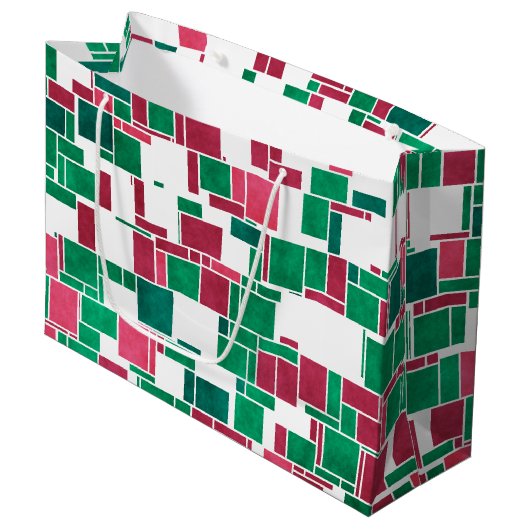 Modernes, kühne Rot und Grün Weihnachten Mondrian Große Geschenktüte (Vorderseite Schrägansicht)