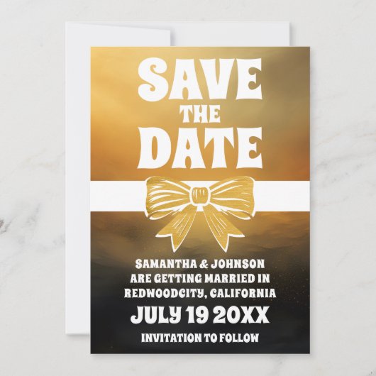 Modernes, kühnes Black Gold Bow Save the Date Einladung (Vorderseite)