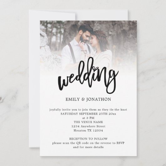 Modernes Künstlerisches Script Foto QR Code Hochze Einladung (Vorderseite)