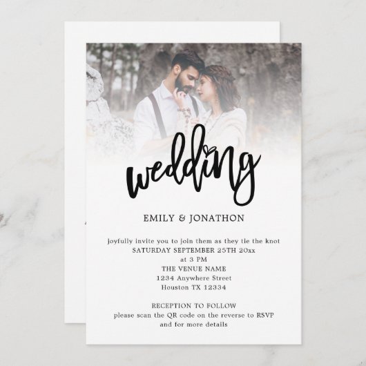 Modernes Künstlerisches Script Foto QR Code Hochze Einladung (Vorne/Hinten)