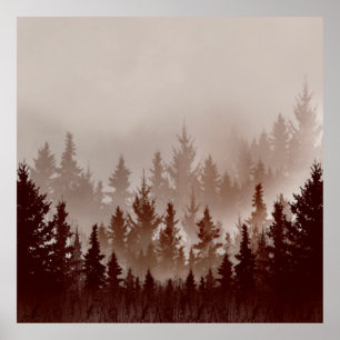 Modernes Kunstposter, dunkler Wald am nebeligen Ta Poster