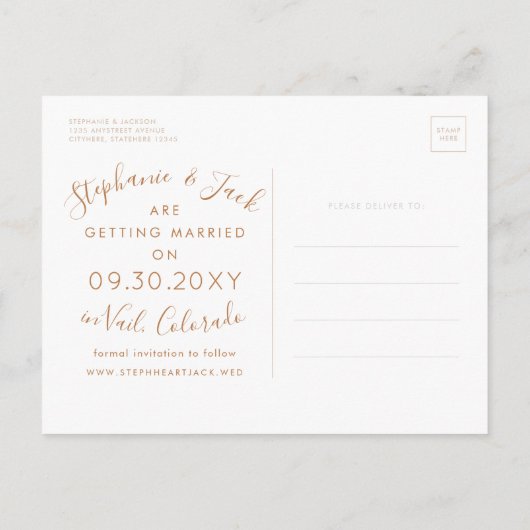 Modernes Kupfer Save the Date | U PICK FARBE Ankündigungspostkarte (Rückseite)