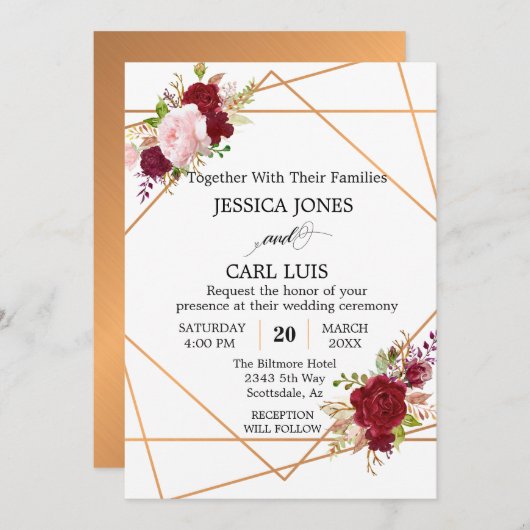 Modernes Kupferrot Rosa Burgundy Geometrie Einladung (Vorne/Hinten)