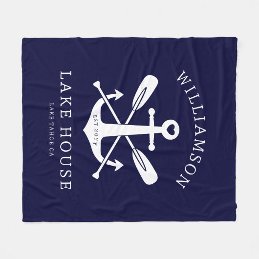 Modernes Lake House Familienname Nausea Blue Fleecedecke (Vorderseite (Horizontal))